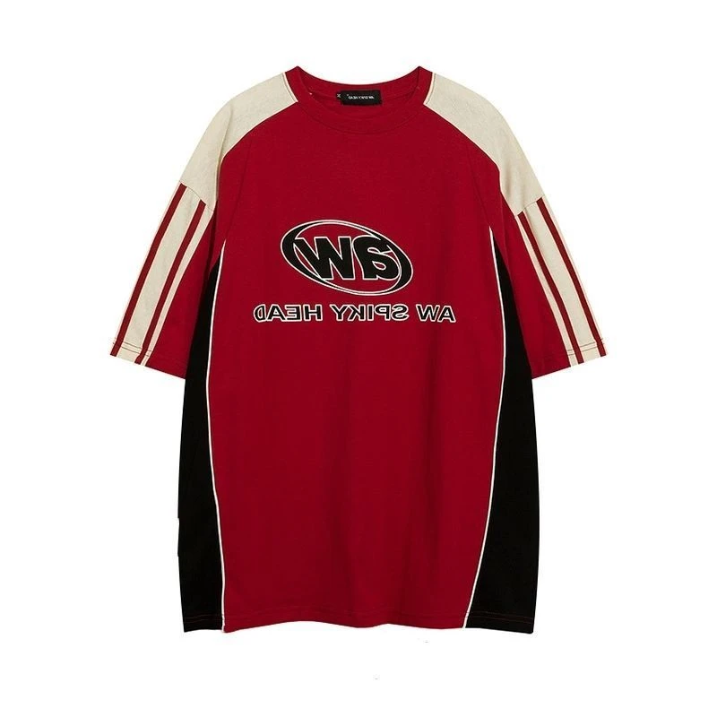 夏季高街痞帅拼接撞色T恤情侣圆领胖mm短袖潮流大码300斤宽松上衣