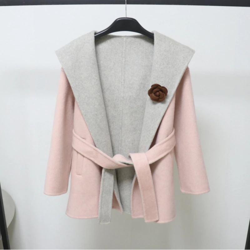 2025撞色连帽双面羊毛大衣女短款小个子系带秋冬新款羊毛呢子外套