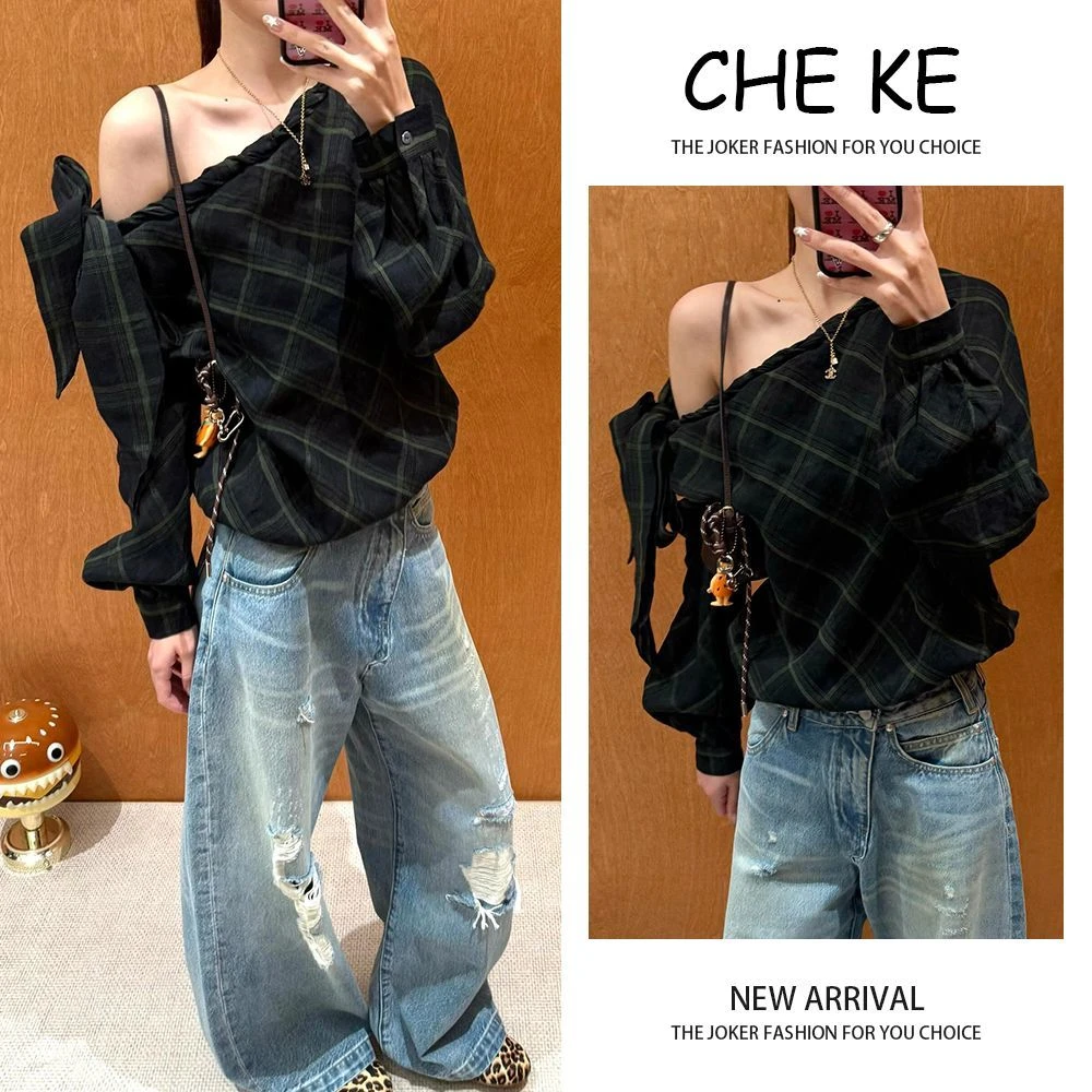 美式复古格纹一字领斜肩长袖T恤秋季2025设计感宽松显瘦衬衫上衣