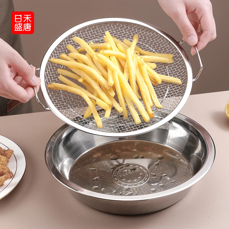 304不锈钢圆盘带网托盘商用沥油盘沥水控油烘培熟食烧烤盘展示盘