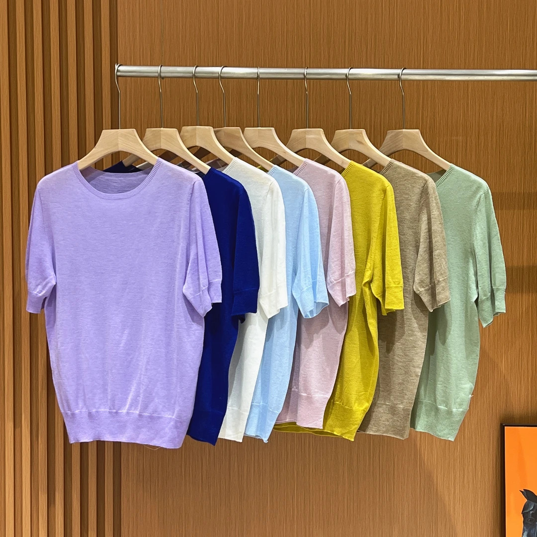 精纺60支简约百搭春夏纯色圆领针织半袖女上衣