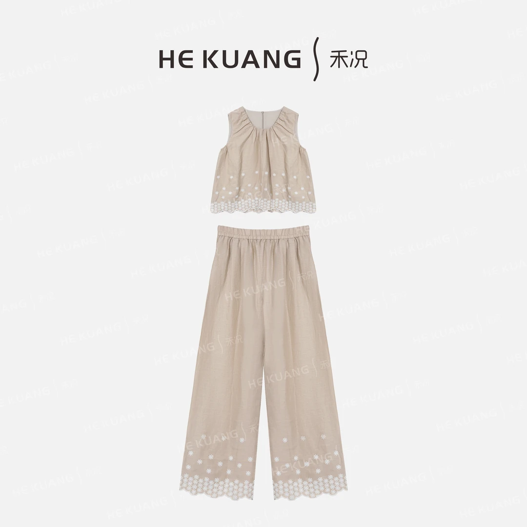 禾况HEKUANG【珀絮】亚麻御姐风时尚套装刺绣碎花裤子D652 0262 Z