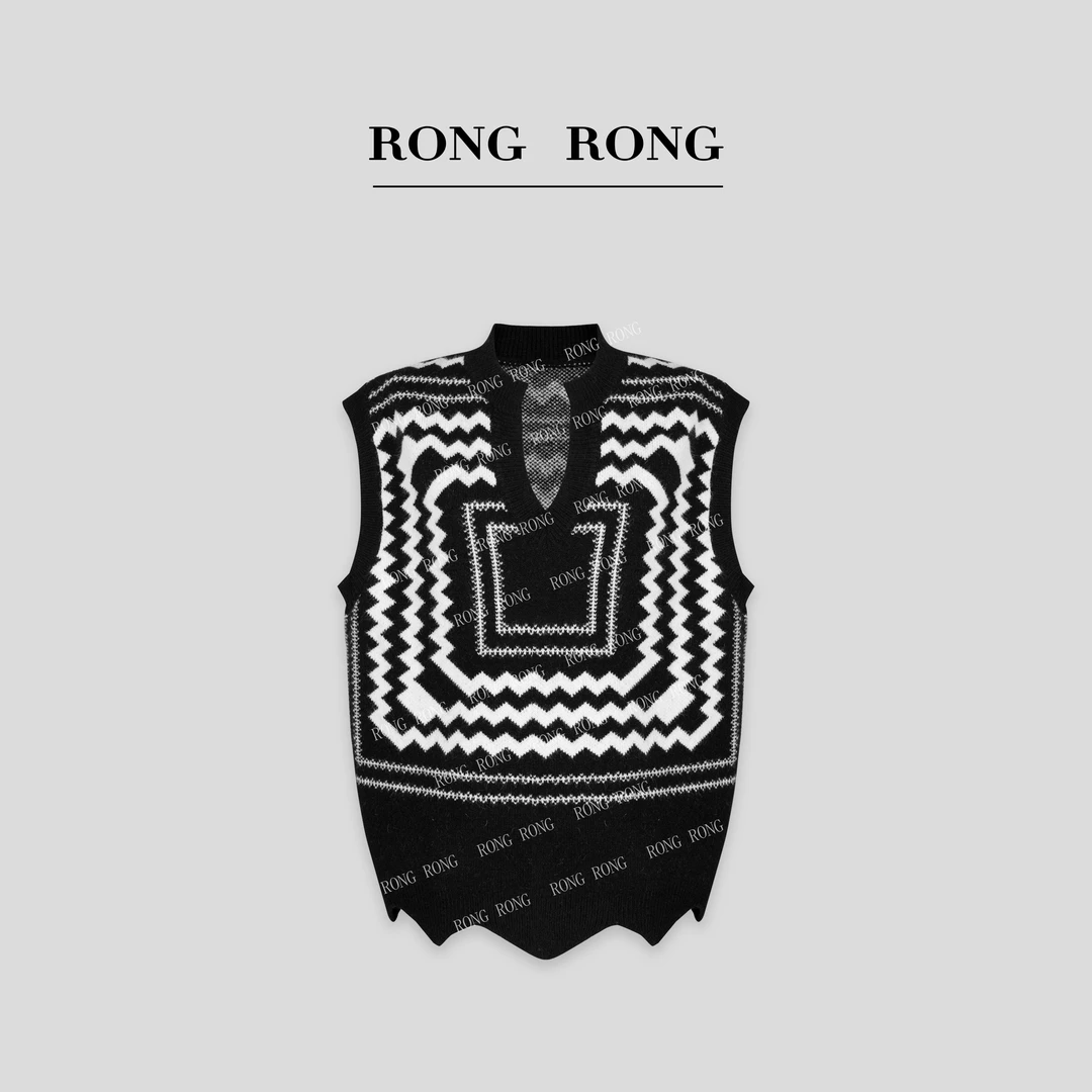 溶溶J【几何幻墨】RONGRONG V领撞色艺术提花舒适百搭马夹毛衣 5516