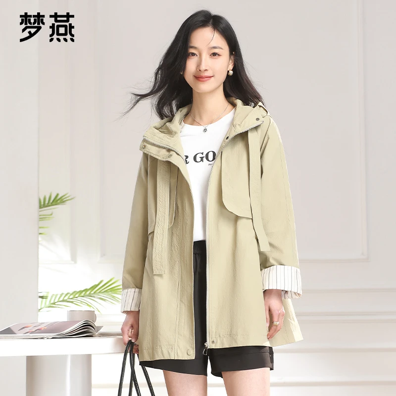 梦燕春秋女款中长款时尚气质连帽风衣宽松显瘦上衣外套AA09B5012D