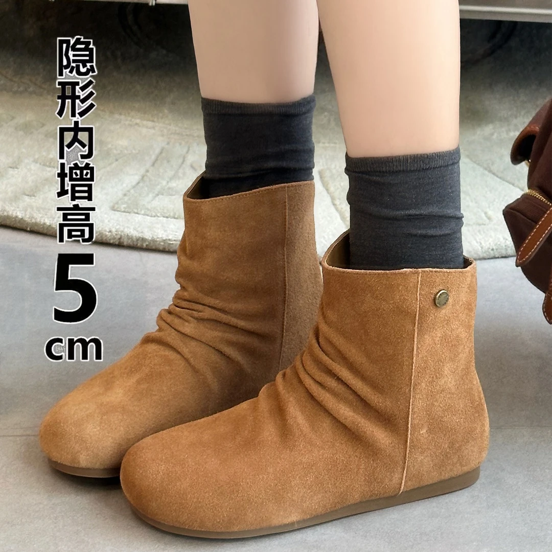 内增高5CM~褶皱堆堆靴女2025秋季新款时尚百搭轻便增高休闲短靴潮