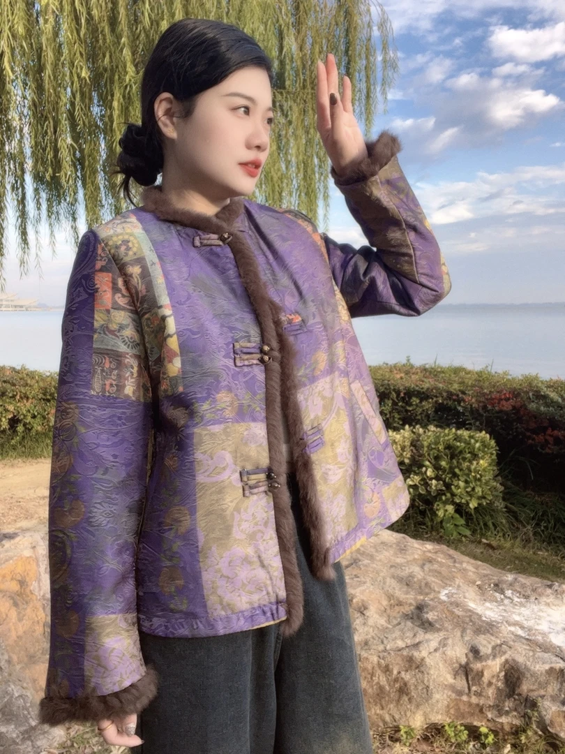 【紫薇】冬季新款兔毛加厚保暖棉服外套时尚休闲国风冬款