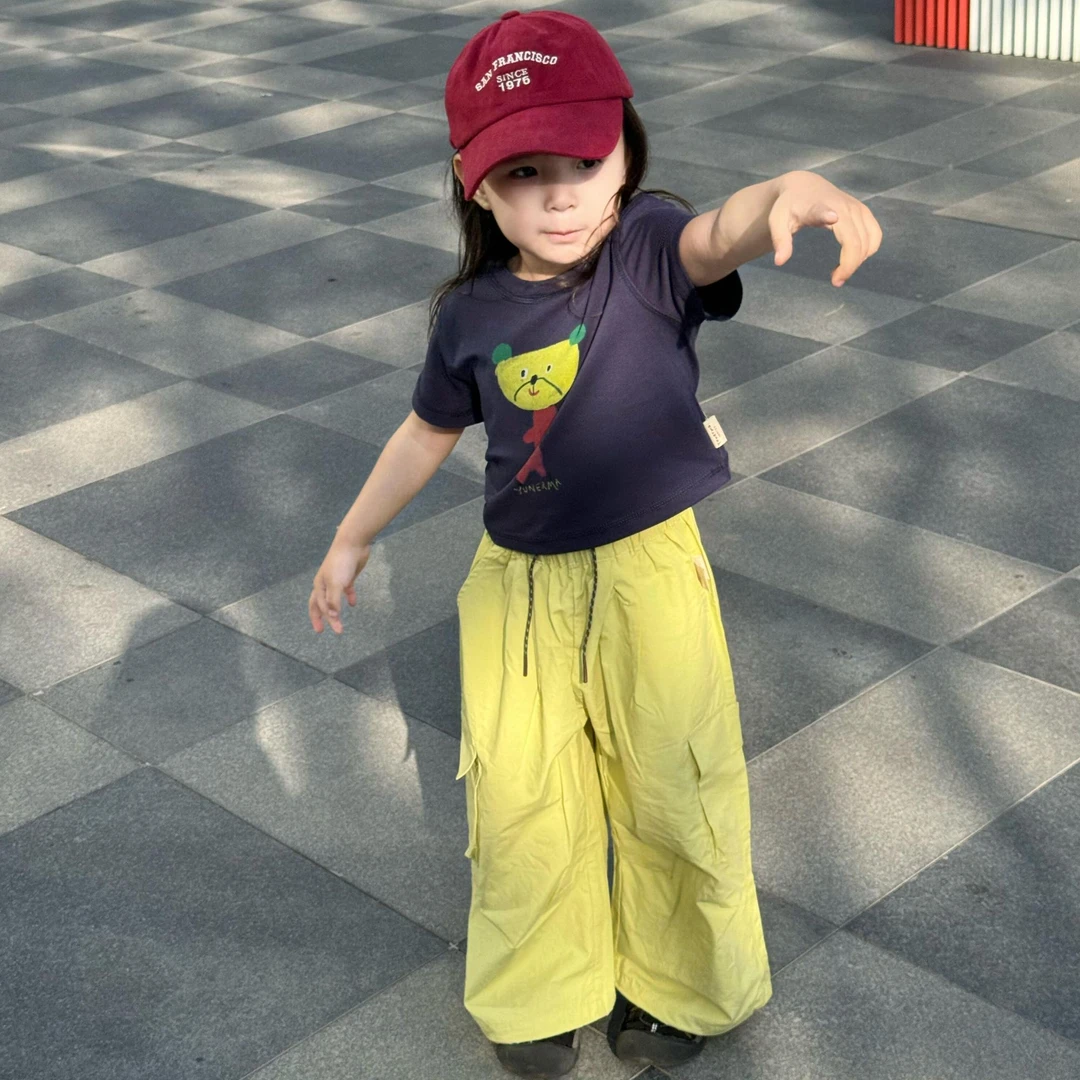 小惜亦夏季韩版童装女童宝蓝色卡通小熊短袖黄色工装裤儿童套装