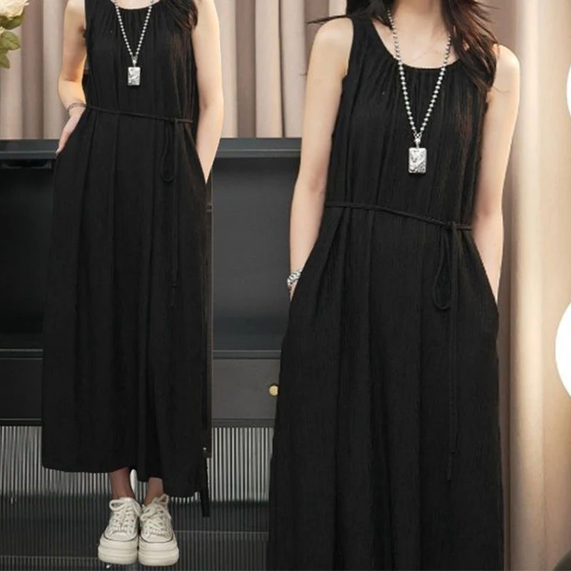 法式连衣裙女夏季时尚复古简约慵懒风无袖百搭宽松气质连衣裙