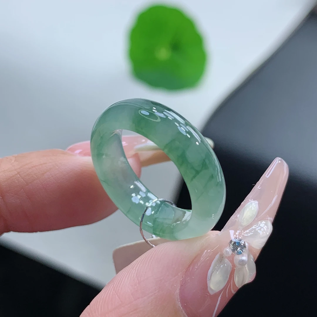 11-12号 缅甸天然A货 冰飘绿花翡翠戒指满绿指环 内径16-5.9-3.4