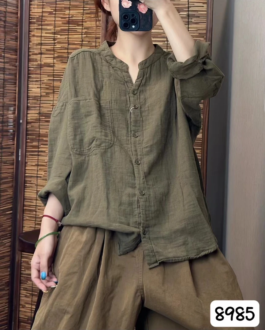 8985简约纯色长袖衬衫女春秋新款宽松百搭双层棉纱上衣