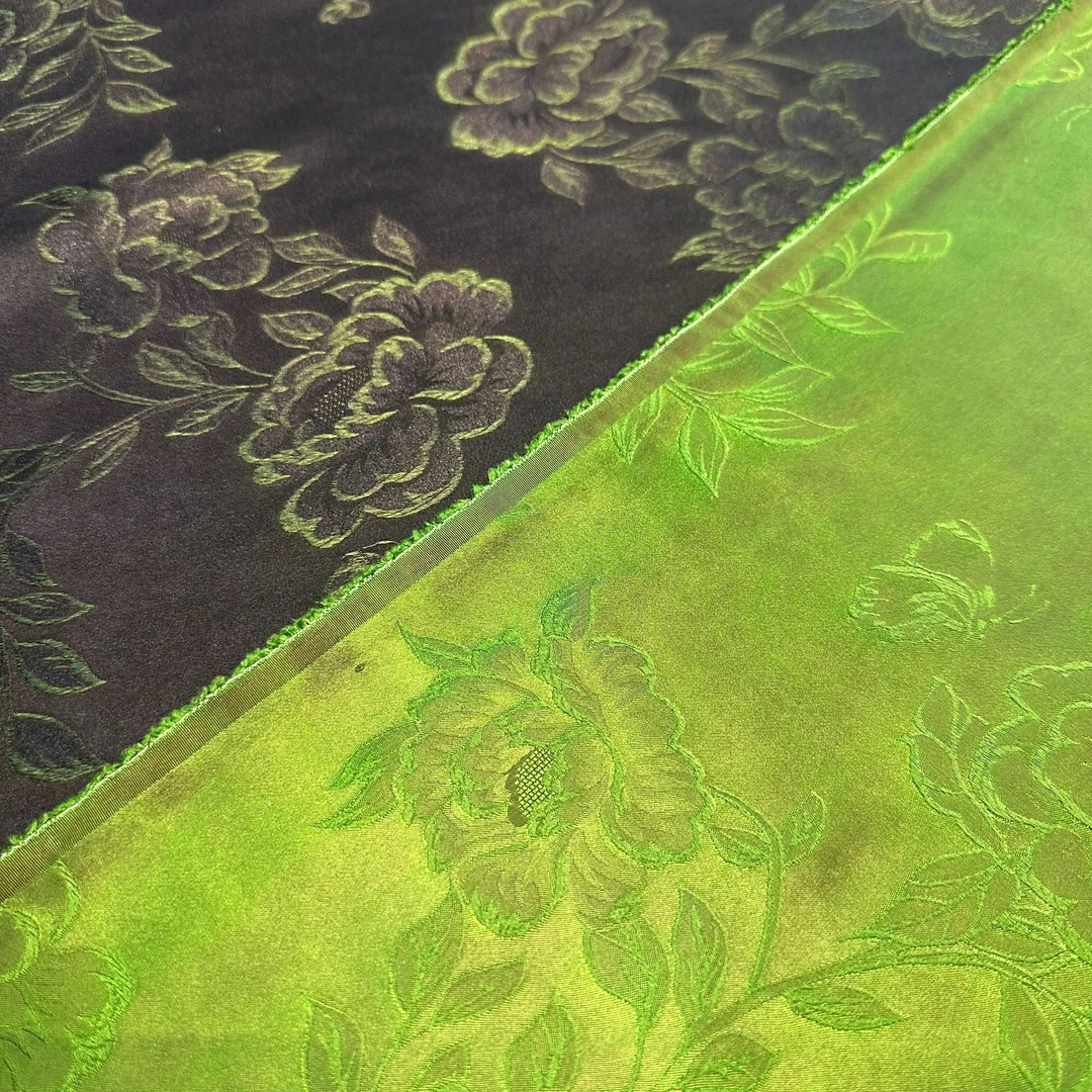 【莨丝智友】草绿牡丹 重缎提花 香云纱 0.5米