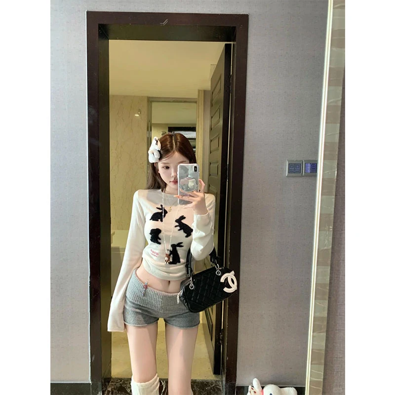 2025夏季新款可爱兔子宽松慵懒风软糯长袖上衣高腰短裤套装