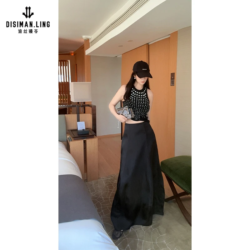 【迪丝嫚苓】100%桑蚕丝半裙黑色百搭夏季大摆飘逸气质时尚原创设计