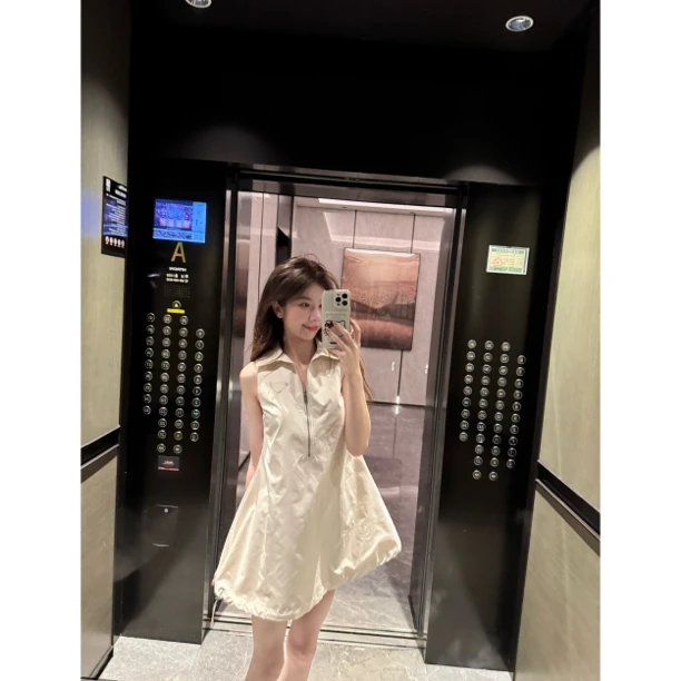 【Cikky定制】夏季新款纯色拼接拉链polo领短袖A字连衣裙