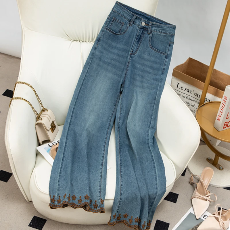 夏季重工刺绣女高腰牛仔裤女宽腿不贴腿喇叭裤刺绣显瘦弹力薄款