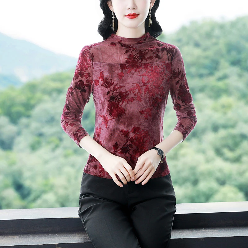 半高领打底衫女士长袖恤2025秋冬新款内搭洋气妈妈植绒网纱上衣