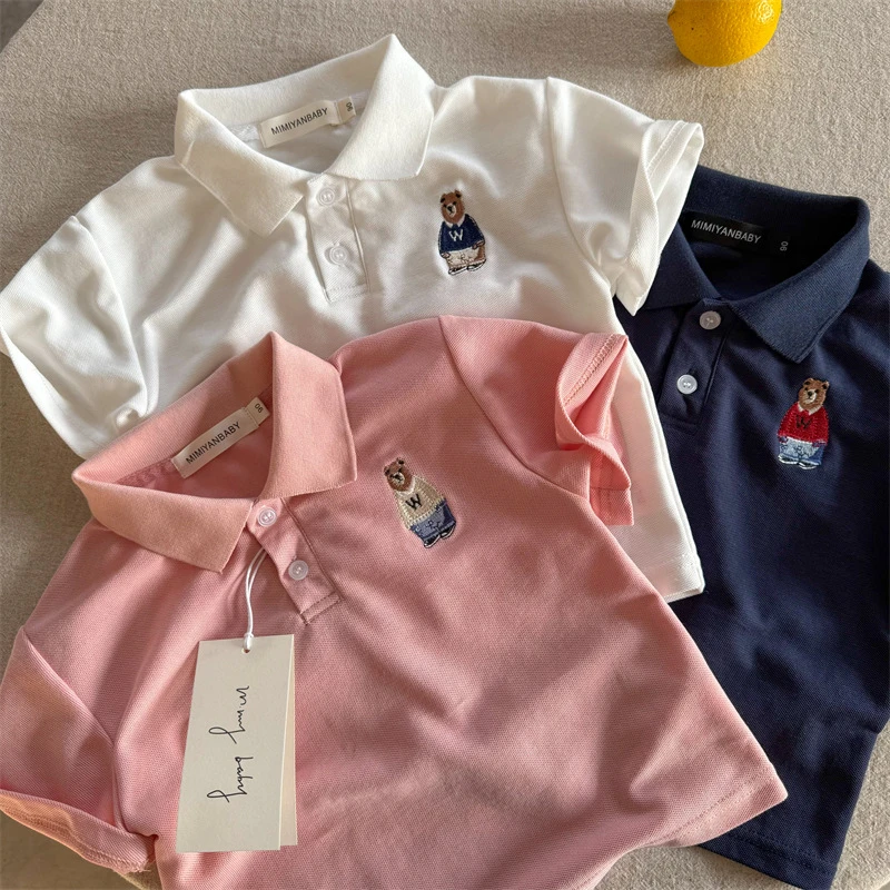 儿童POLO衫2025夏季半袖纯色男女童卡通小熊POLO衫宝宝翻领短袖