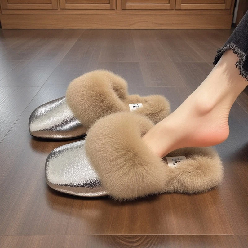 千金风保暖拼色包头公主风日常包头拖平底秋冬季厚底