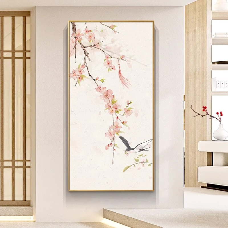 入户玄关装饰画新中式走廊过道挂画禅意花鸟工笔画客厅进门壁画