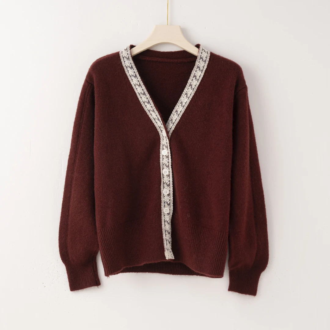 Q2843蕾丝花边V领设计感温柔法式小香风针织外套