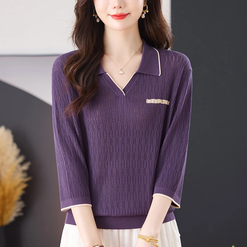 中年妈妈春秋新款七分袖针织衫女宽松加肥大码翻领上衣桑蚕丝t恤
