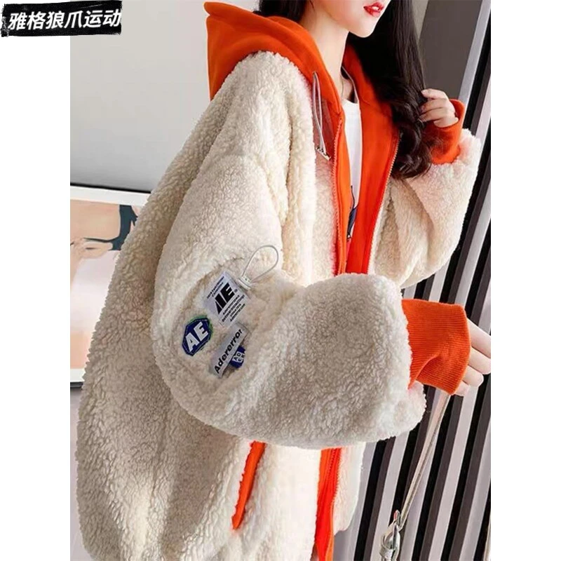 装2025秋冬新款宽松羊毛内衬学生多用途拼接假两件套头连帽运动衫