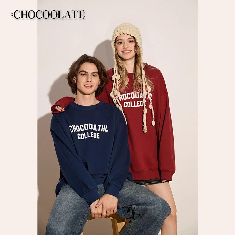 it：CHOCOOLATE实体店同款冬季圆领加绒卫衣宽松撞色字母印花