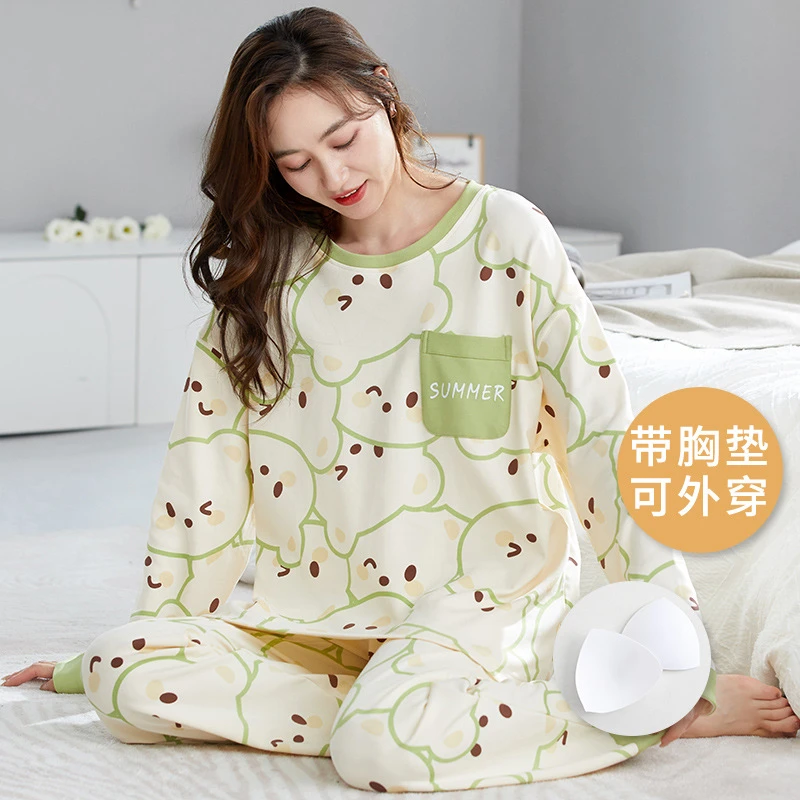 春秋季睡衣女士圆领大码带胸垫长袖长裤两件套甜美家居服可外穿