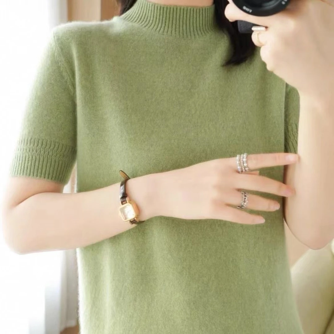 【爆款半高领】热卖短袖纯色半袖新款套头半高领针织T恤宽松外穿上