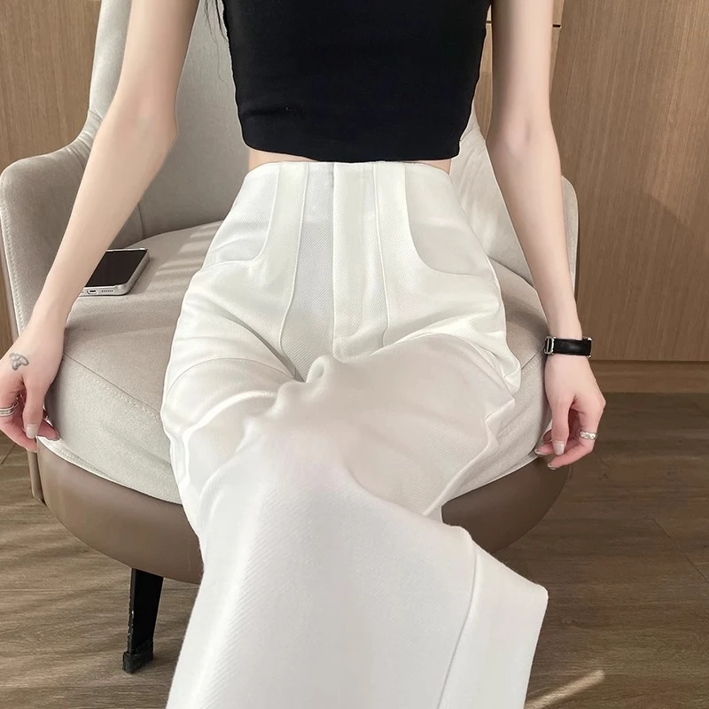 白色阔腿裤女夏季新款高腰梨形身材宽松垂感显瘦仿亚麻直筒拖地裤