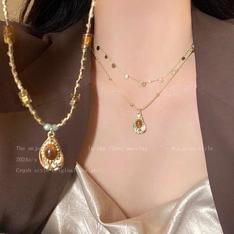 铁合金大理石项链 焦糖色编织项链女款秋冬美拉德中古配饰2024新