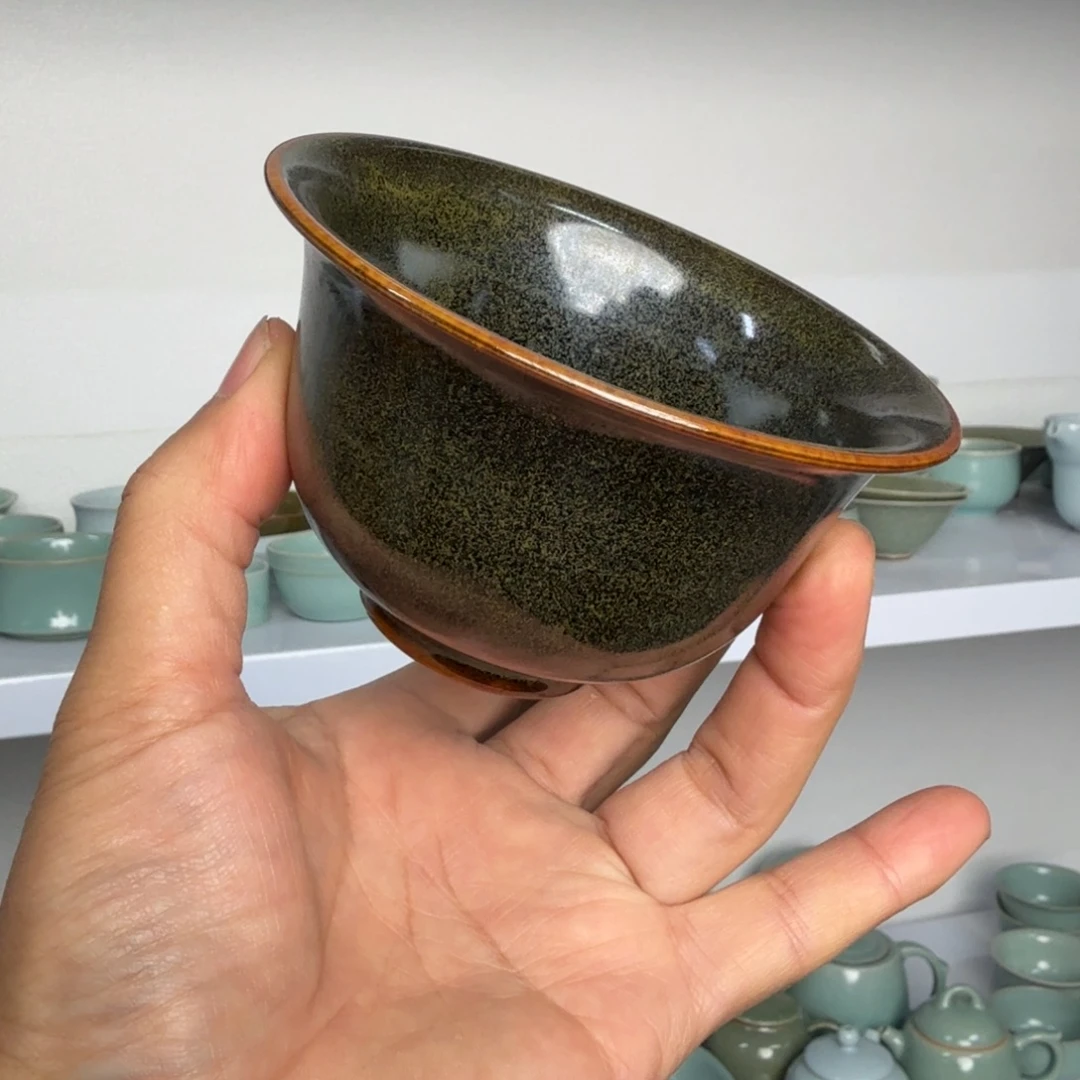 摆件汝瓷茶叶末釉压手杯