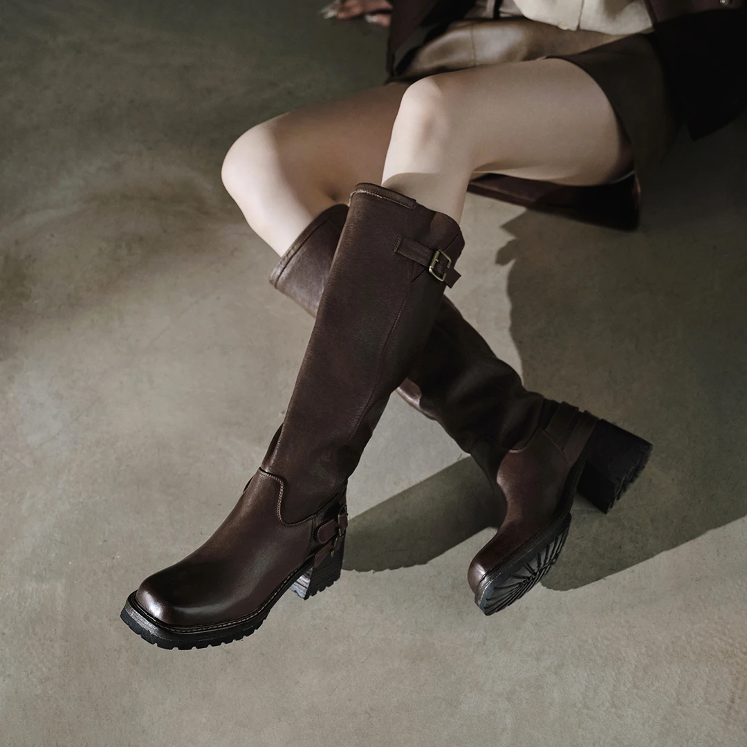马皮方头英伦风透气小个子厚底骑士靴冬季粗跟显瘦女款秋季长筒靴