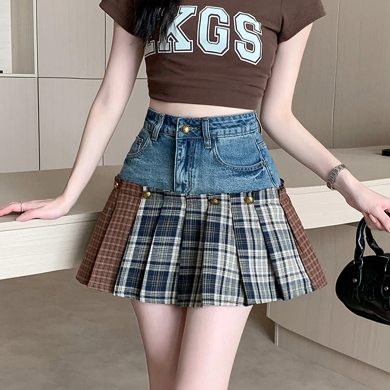复古格子牛仔拼接百褶裙半身裙女夏季高腰显瘦设计感辣妹a字短裙