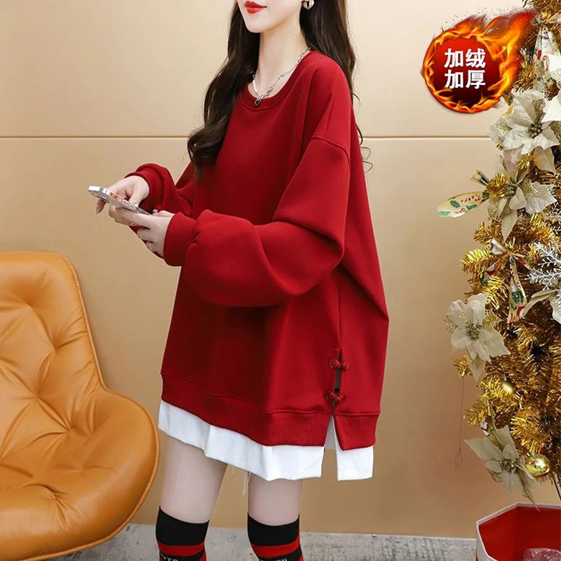 休闲假两件设计感加绒卫衣女大码洋气宽松ins潮胖mm遮肉显瘦上衣