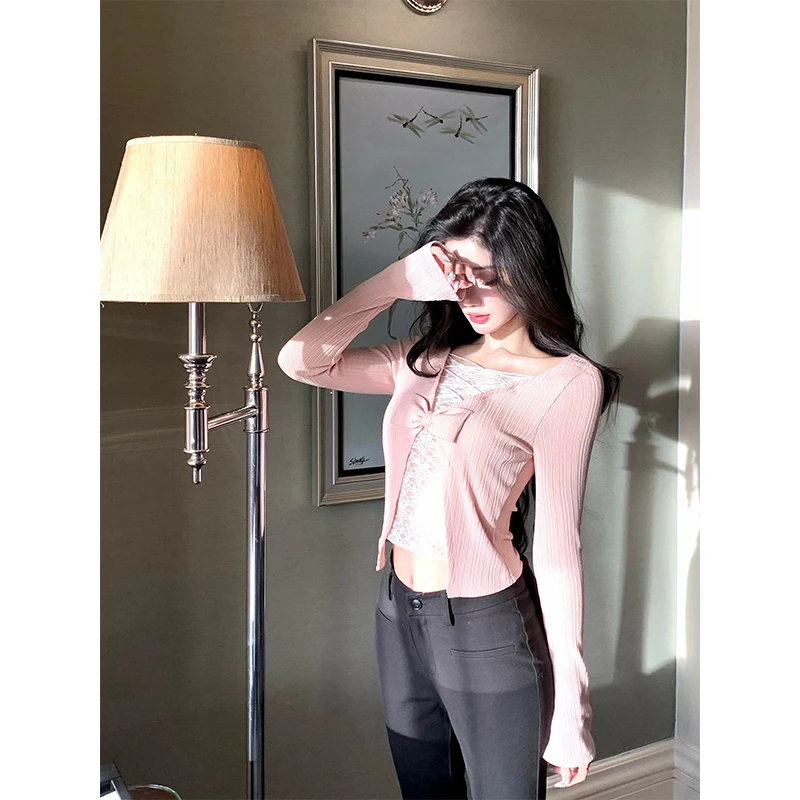 芭比姨【彩蝶记忆】法式气质针织拼接蕾丝性感辣妹内搭长袖