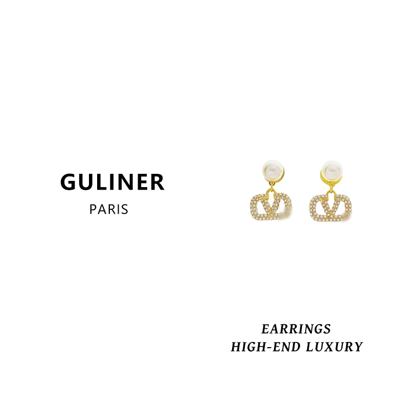 铜合金耳饰 GL 镶钻V形珍珠耳钉玫瑰金时尚设计师款 4484