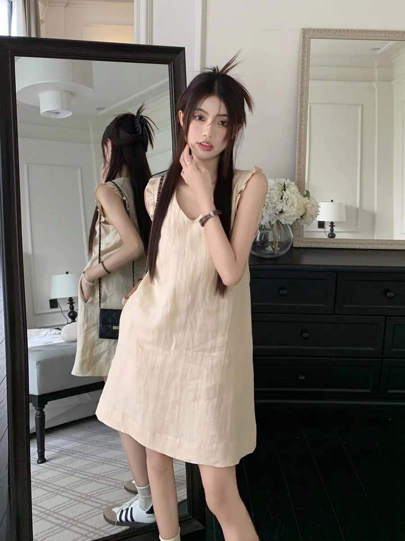 6728法式慵懒风初恋连衣裙夏季温柔风甜妹宽松显瘦无袖短裙