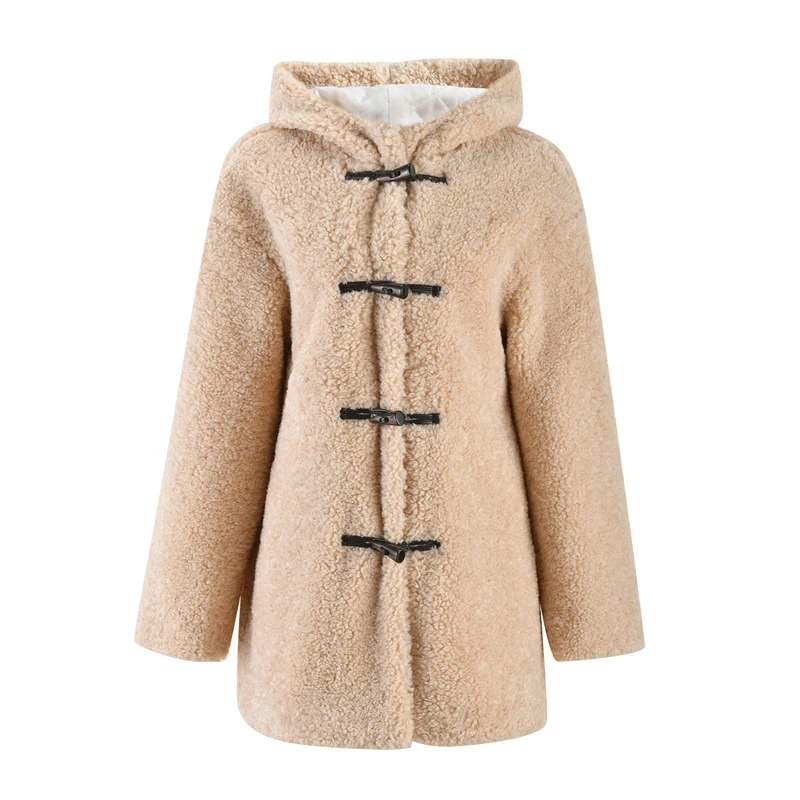 2024秋冬新款毛绒棕色牛角扣设计轻奢保暖柔软毛毛拼接外套 LY109