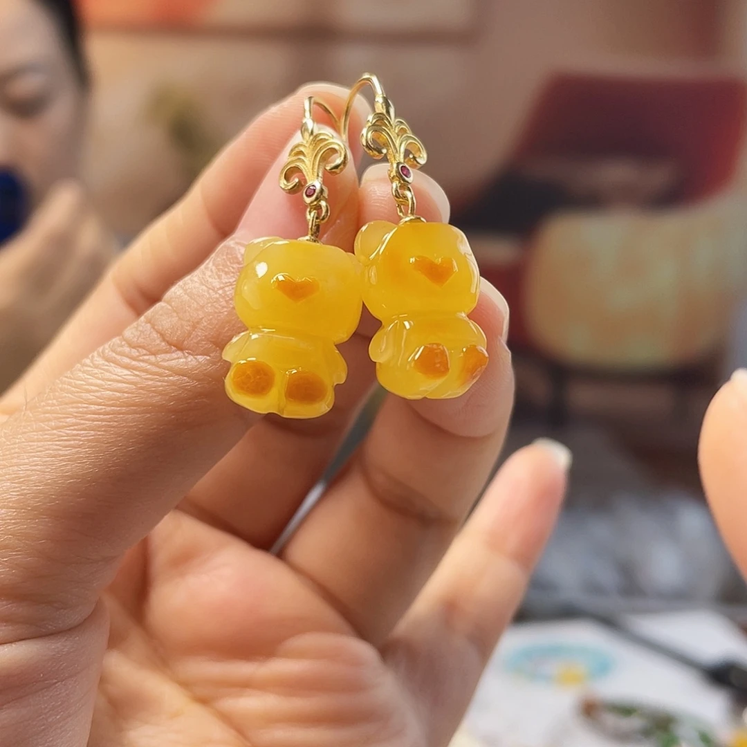 琥珀银S925镀金镶嵌裸石蜜蜡耳坠