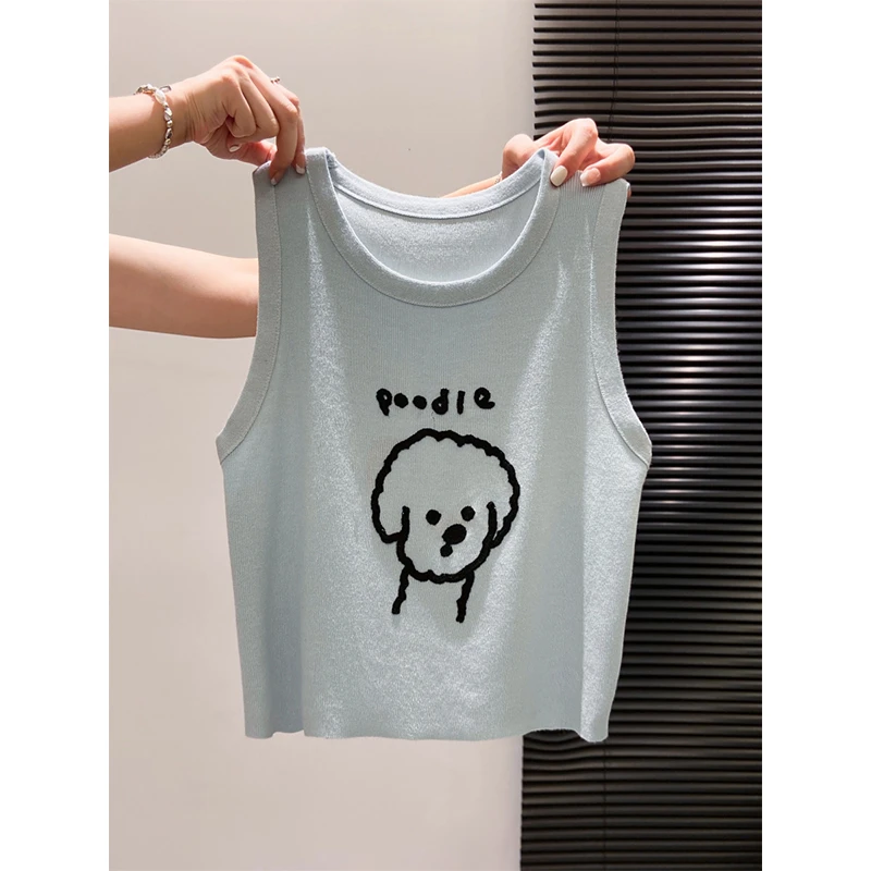 独特漂亮辣妹短上衣减龄蓝色小狗刺绣无袖背心夏季外穿针织T恤女
