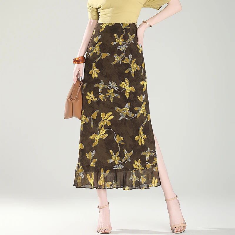 印花乔其纱开叉半身裙女夏2025年新款高腰显瘦碎花a字长裙包臀裙