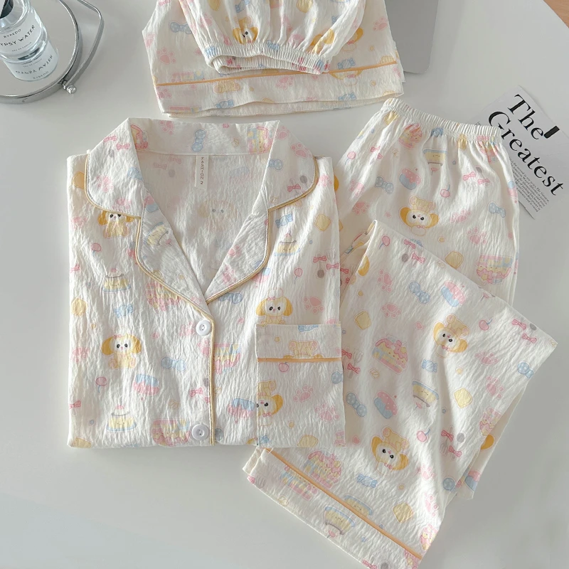 日系ins奶乎乎甜美可爱卡通睡衣女甜美夏季短袖短裤三件套家居服