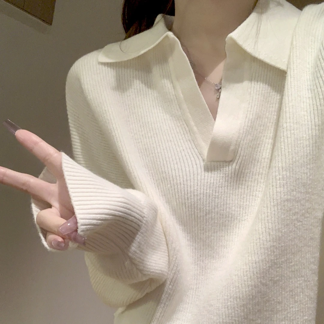 慵懒风Polo翻领软糯毛衣女2025秋季宽松百搭针织衫显瘦长袖上衣