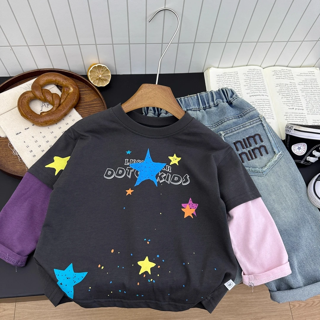 男童秋装长袖T恤2025新款儿童春秋款假两件男孩打底衫潮时尚