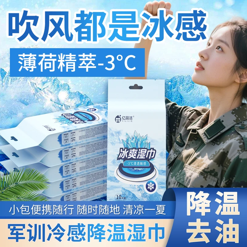 【工厂直发】降温湿巾草本植萃冰爽去汗夏季凉感湿巾军训户外便携装