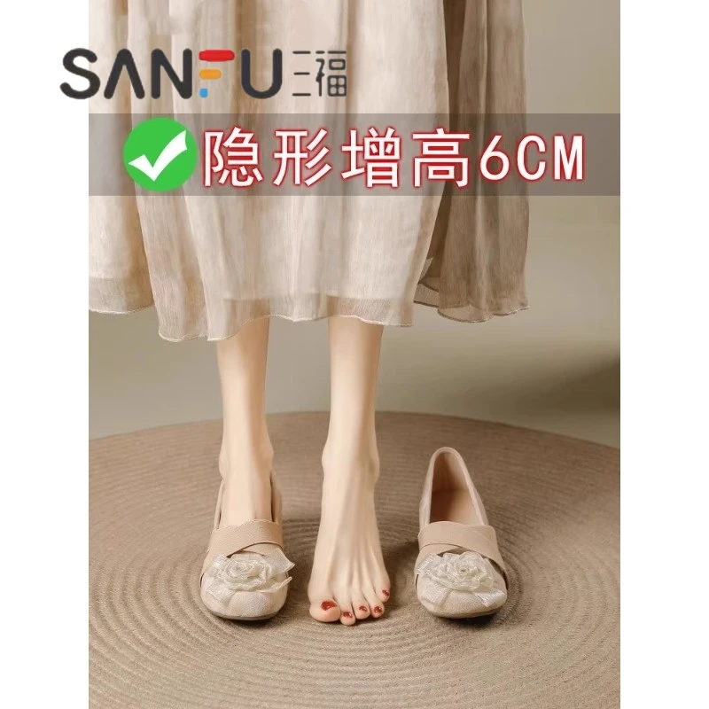 爆款软底内增高女鞋山茶花交叉带芭蕾鞋软底不累脚粗跟玛丽珍单鞋