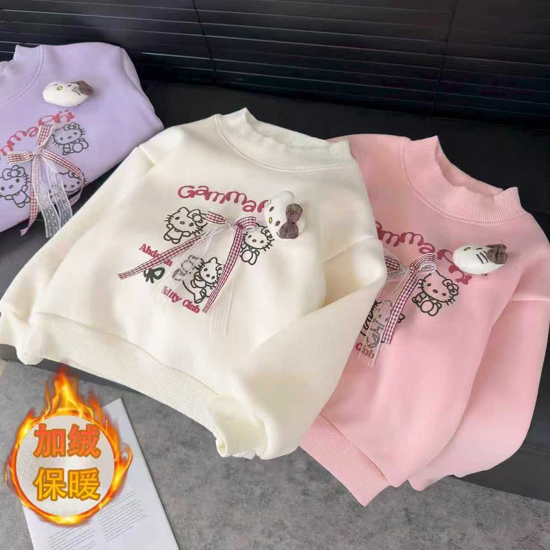 女童加绒2025新款卡通动漫KY猫厚款卫衣洋气时尚女童宽松儿童长袖