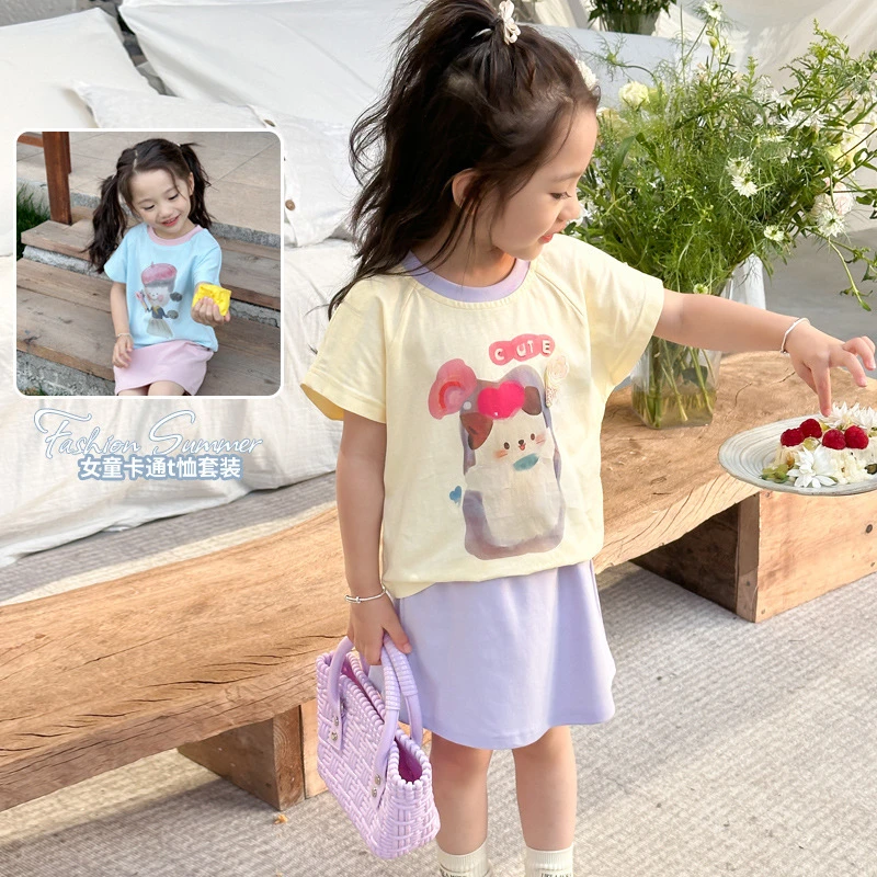 【橘子家】女童夏季短袖t恤百搭休闲裤儿童可爱印花套装HS51353