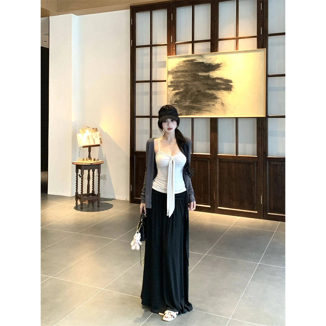 小众氛围感飘带含胸垫背心长袖防晒开衫套装女百搭休闲半裙三件套